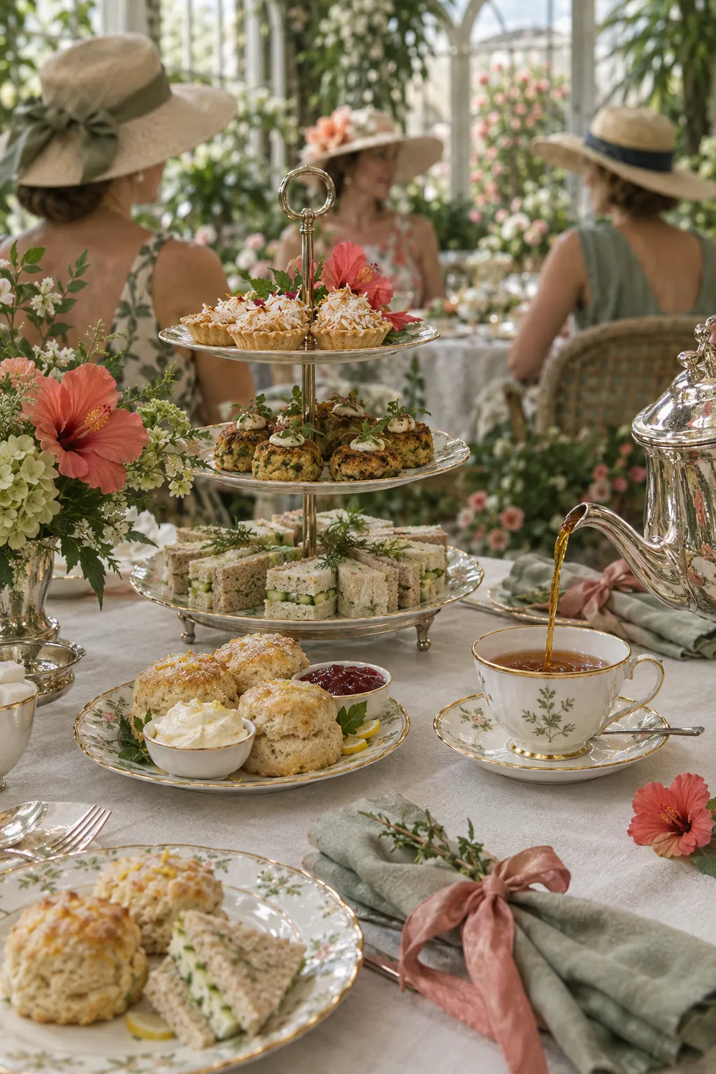 A three-tier tea stand with coconut tartlets, savory bites, cucumber sandwiches and scones in a garden conservatory