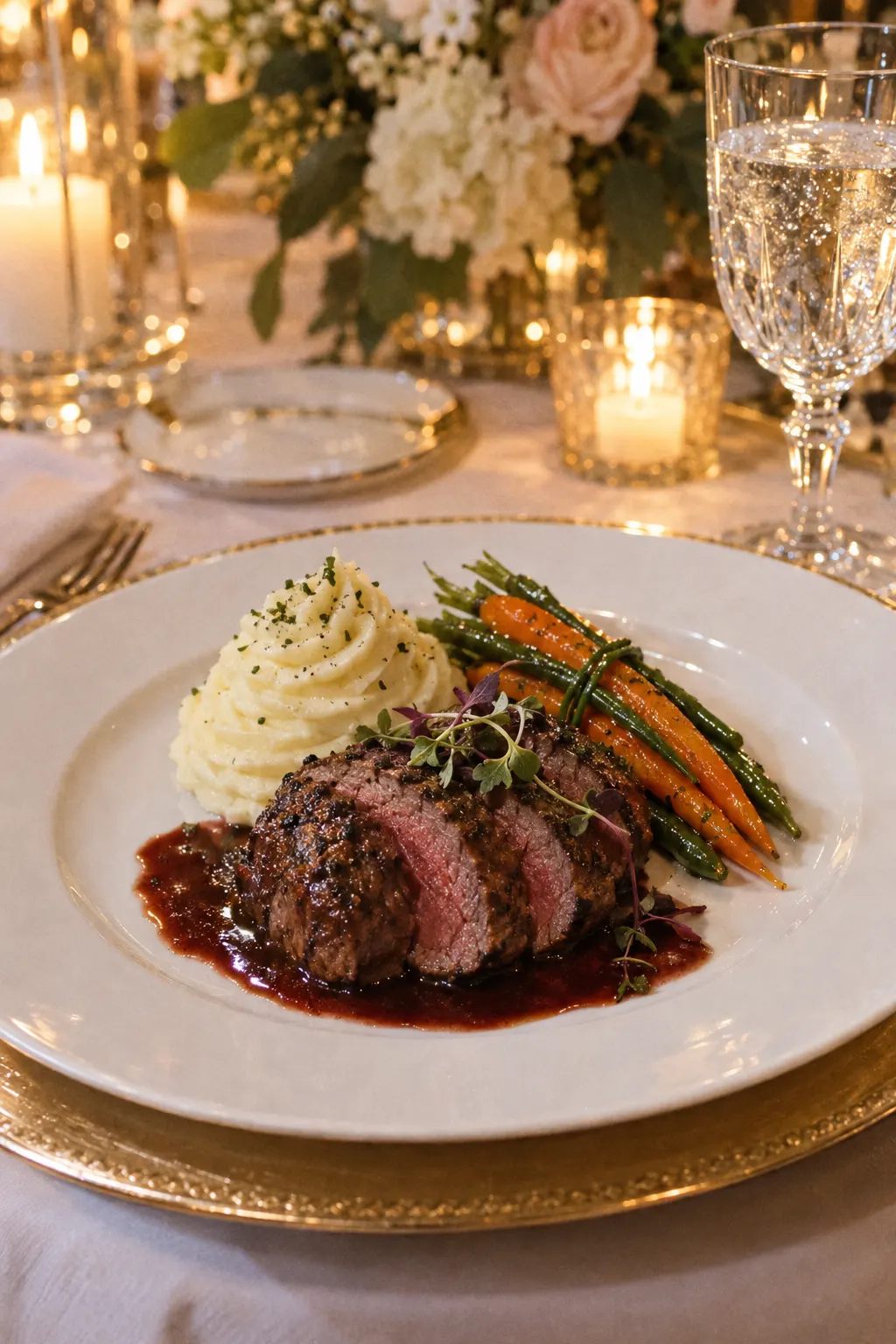 A plated beef tenderloin dinner by candlelight with mashed potatoes and glazed vegetables