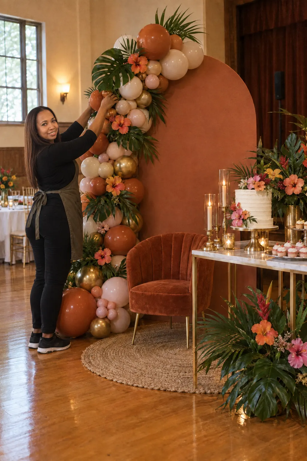 Theo arranging an organic balloon garland on an arched terracotta backdrop beside a velvet chair and cake table