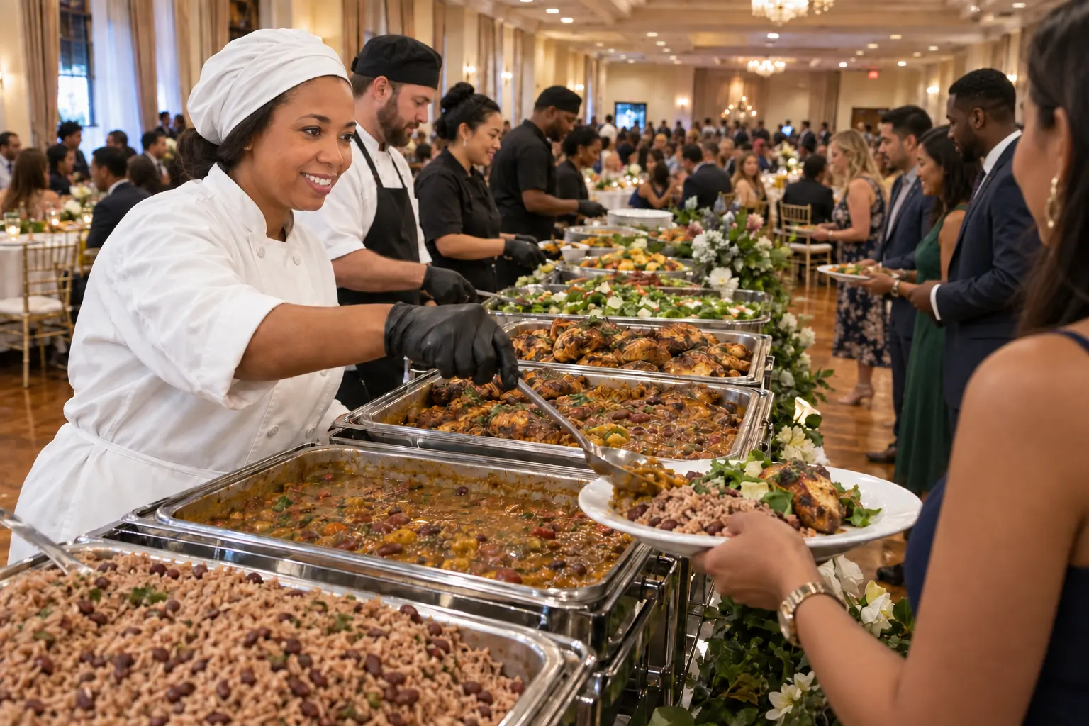 Theo in a white chef coat serving rice and beans, stew and roasted chicken on a long buffet at a large banquet