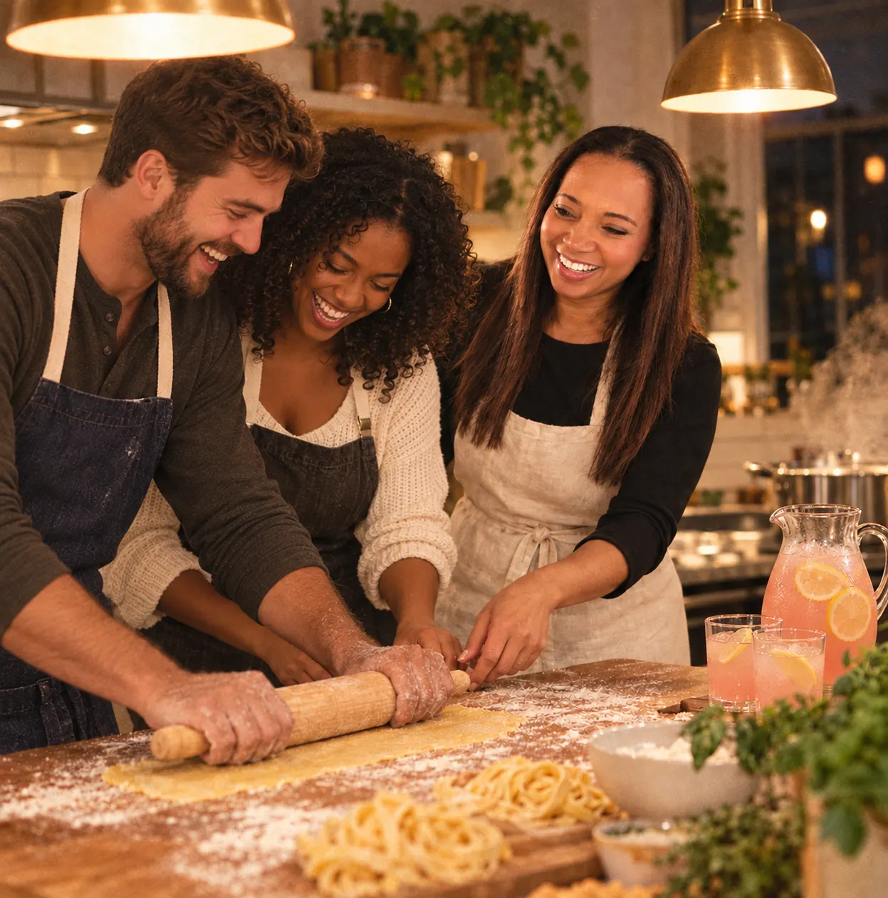 Theo guiding a smiling couple as they roll fresh pasta dough in their home kitchen