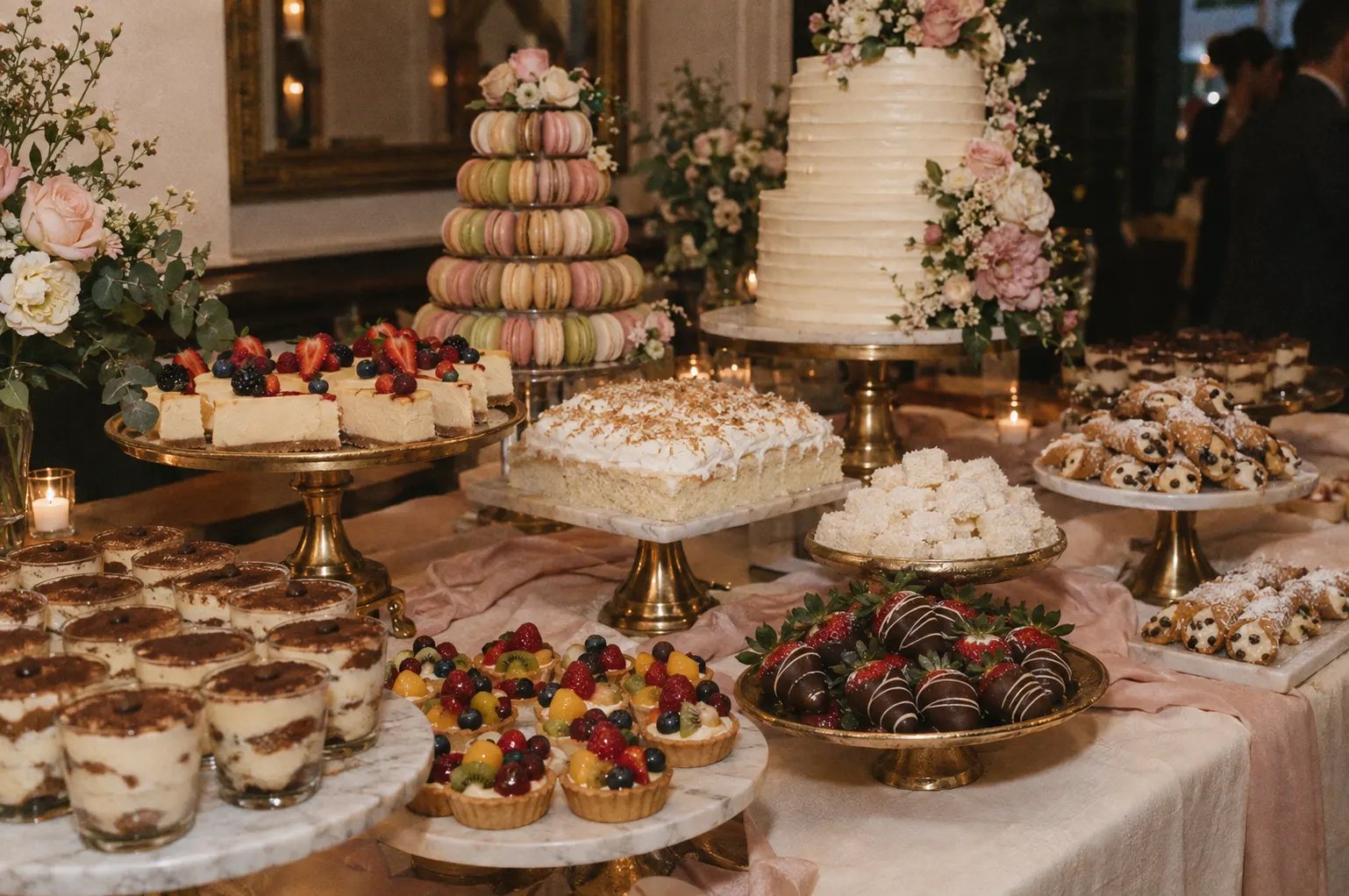 Dessert table with tiramisu cups, cheesecake, macaron tower, tres leches, fruit tarts, chocolate strawberries, cannoli and a floral wedding cake