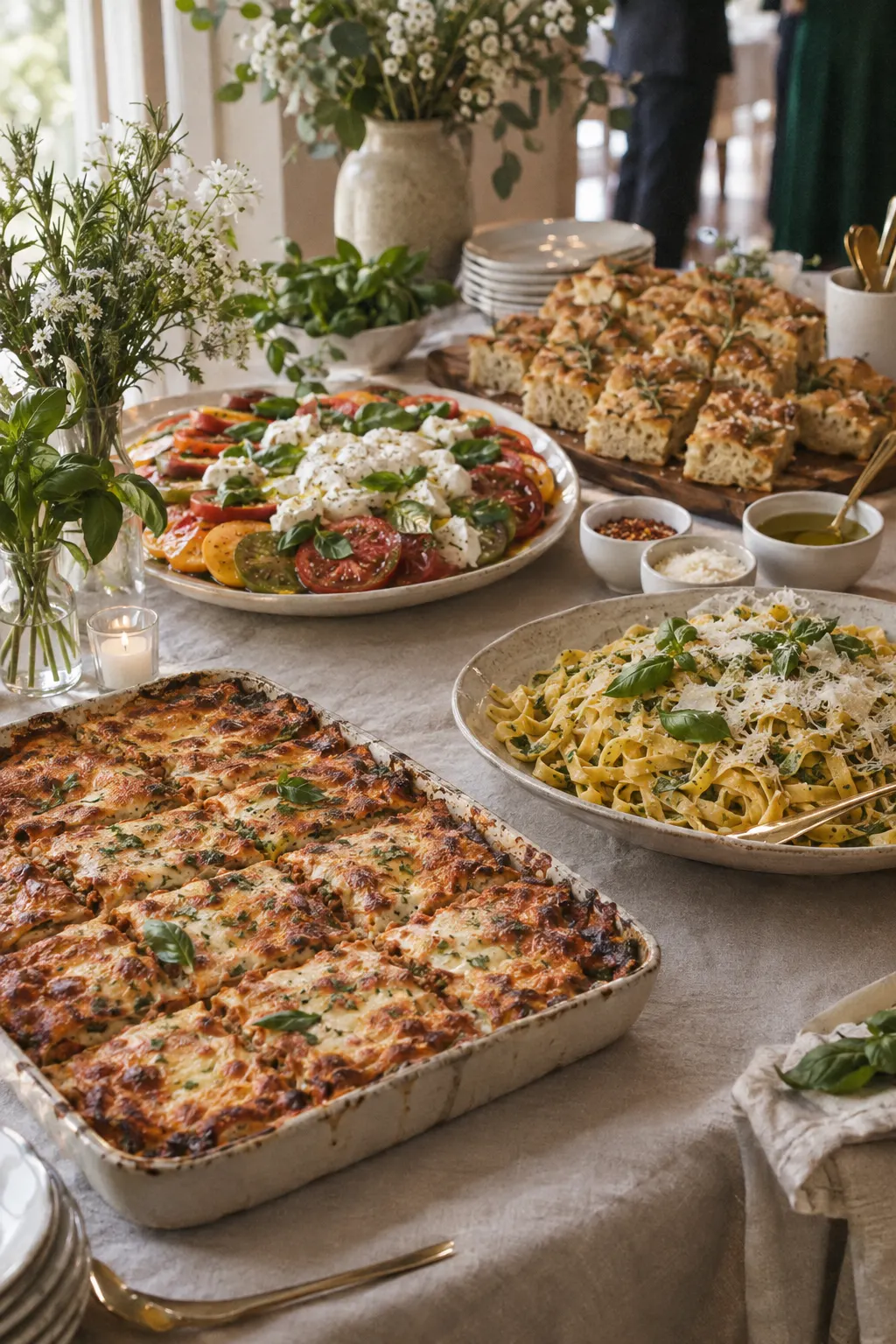 Italian buffet with lasagna, fresh tagliatelle, caprese salad with burrata and rosemary focaccia