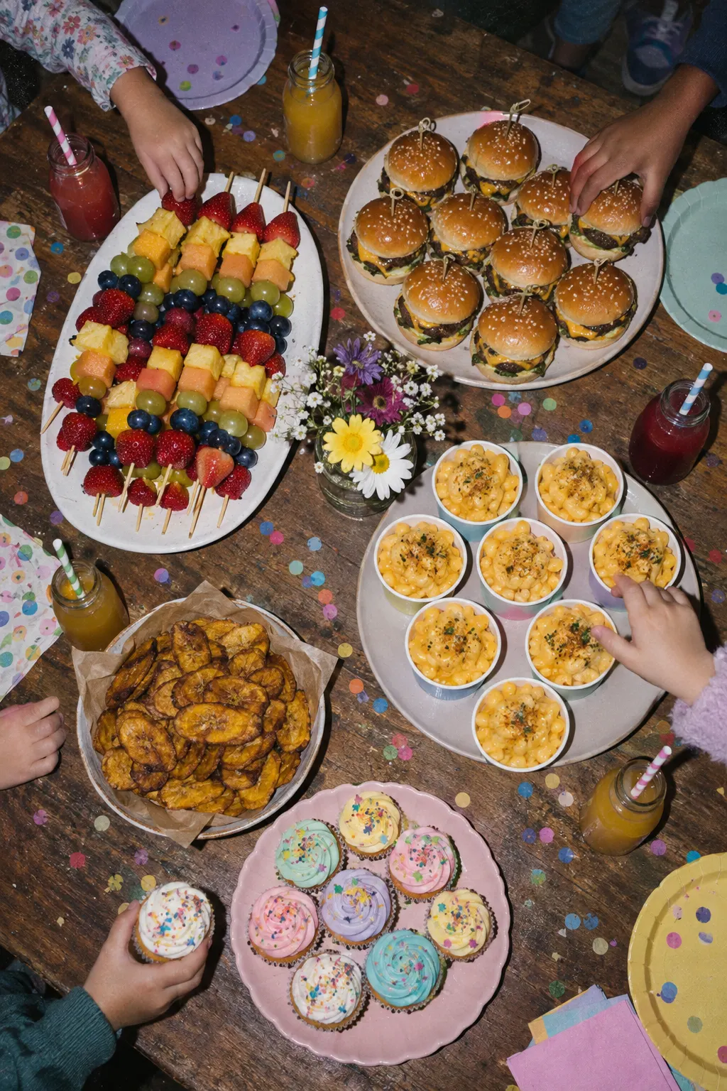 Overhead view of a kids party table with fruit skewers, sliders, mac and cheese cups, plantain chips and cupcakes