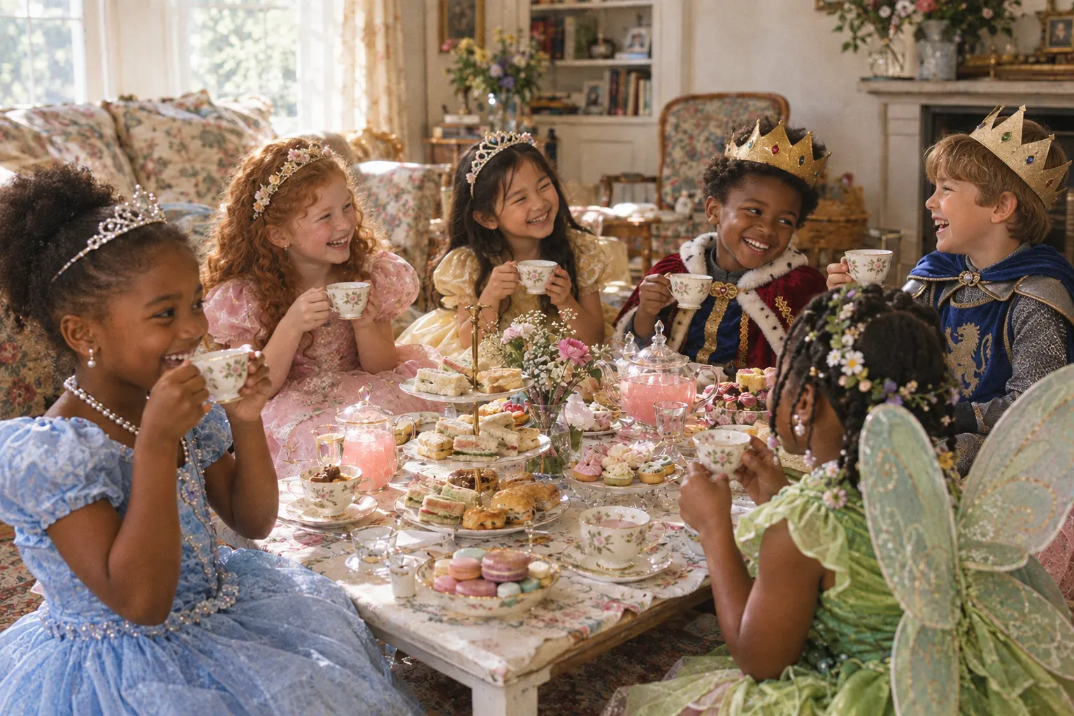 Girls and boys in princess, fairy, prince and knight costumes sipping from floral teacups at a low tea table