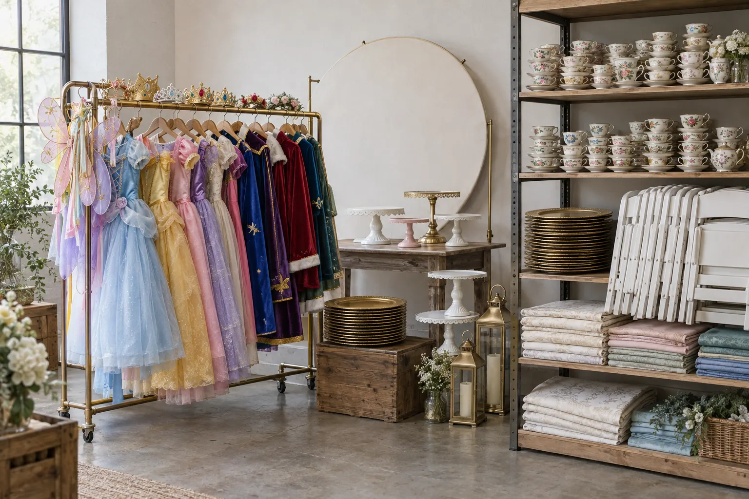A rental studio with a rack of children's costumes and crowns, stacked floral teacups, gold chargers, cake stands, lanterns, linens and white folding chairs